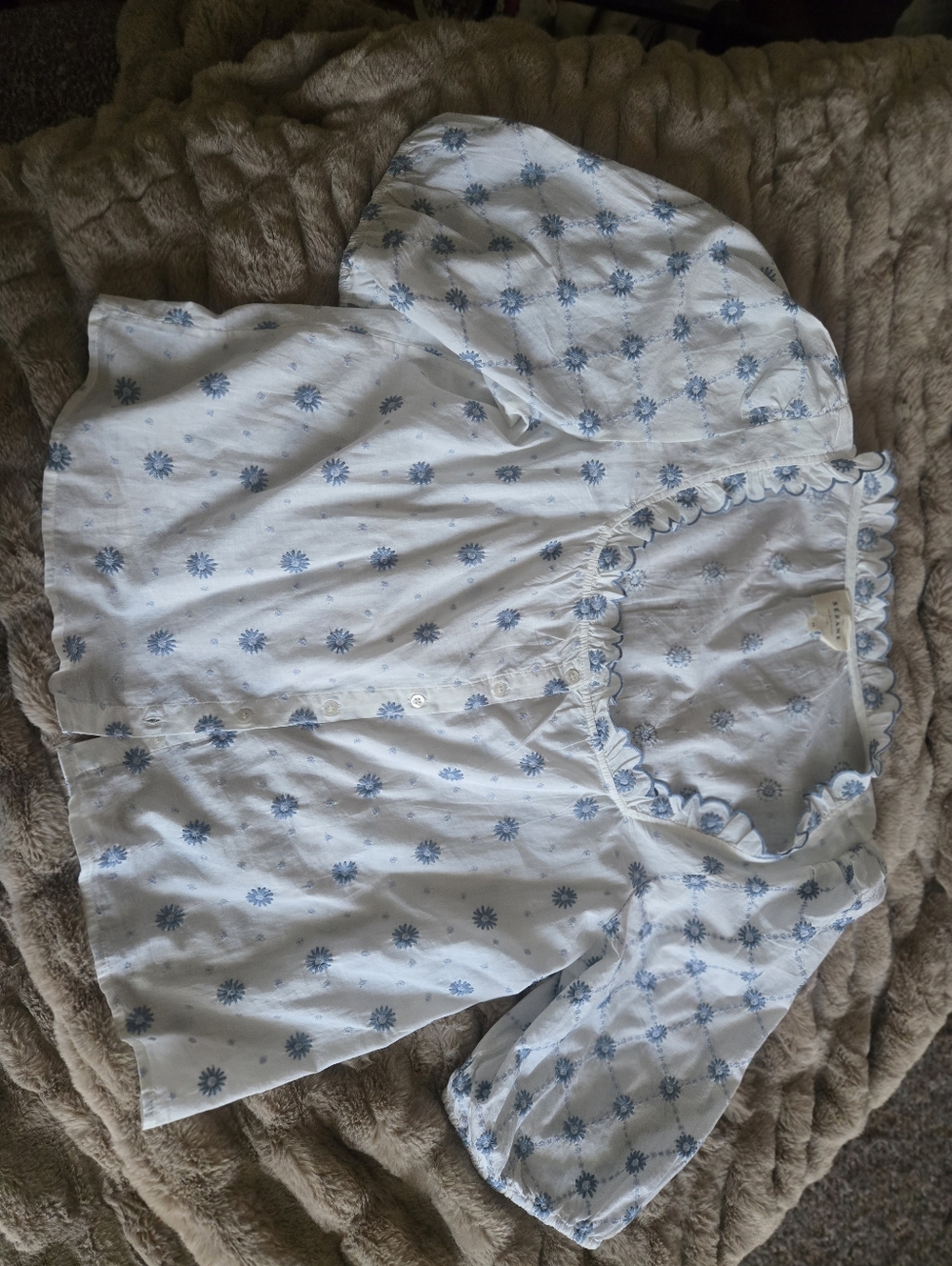 Sezane White Cotton Blouse with Blue Floral Embroidery